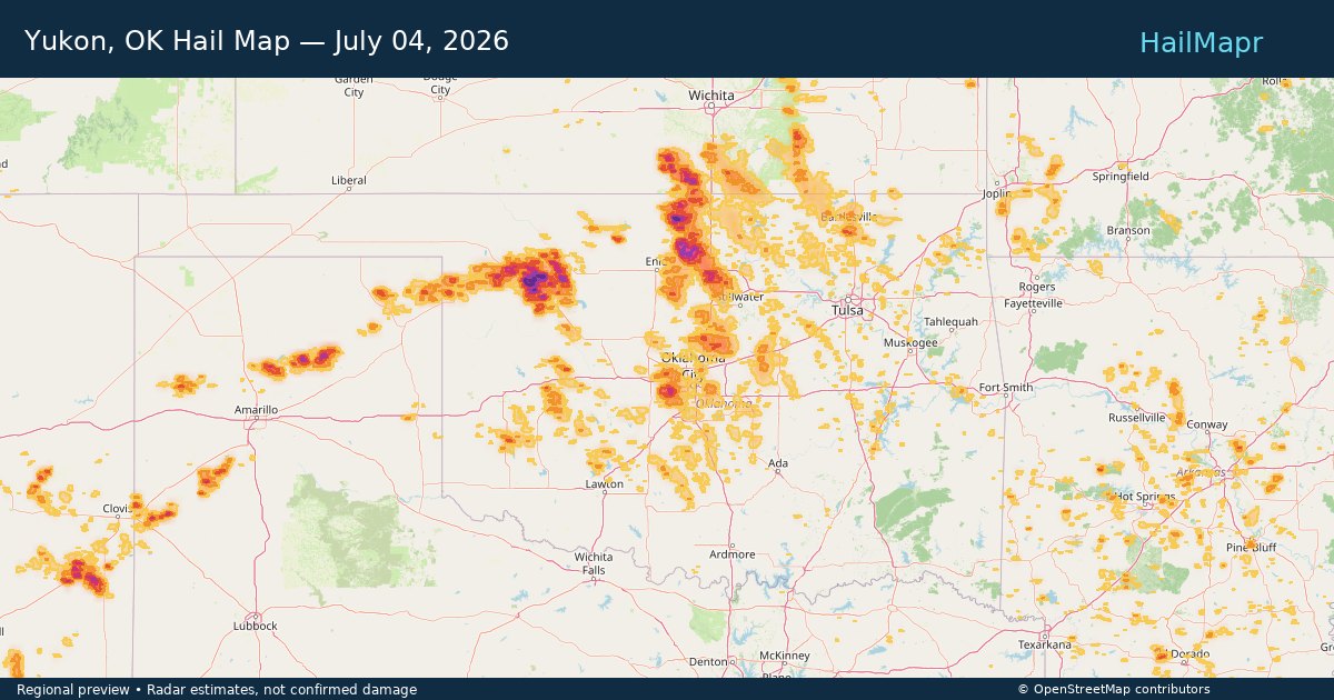 Yukon, OK Hail Map — July 04, 2026 — regional heatmap and storm polygons
