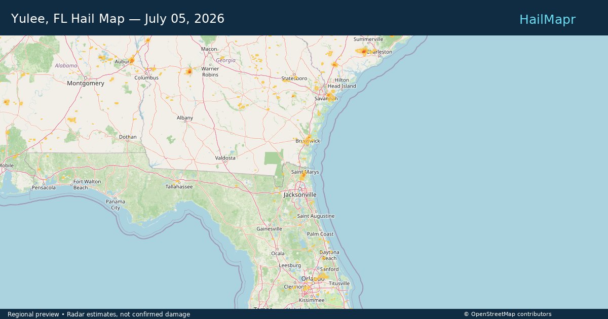 Yulee, FL Hail Map — July 05, 2026 — regional heatmap and storm polygons