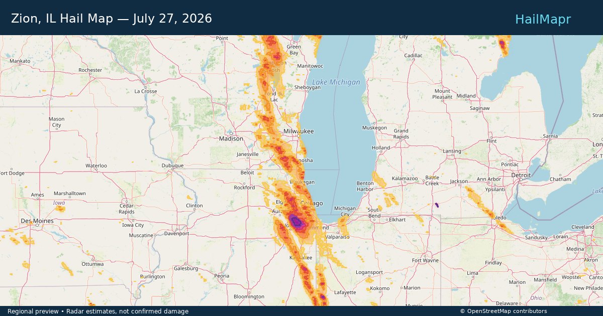 Zion, IL Hail Map — July 27, 2026 — regional heatmap and storm polygons