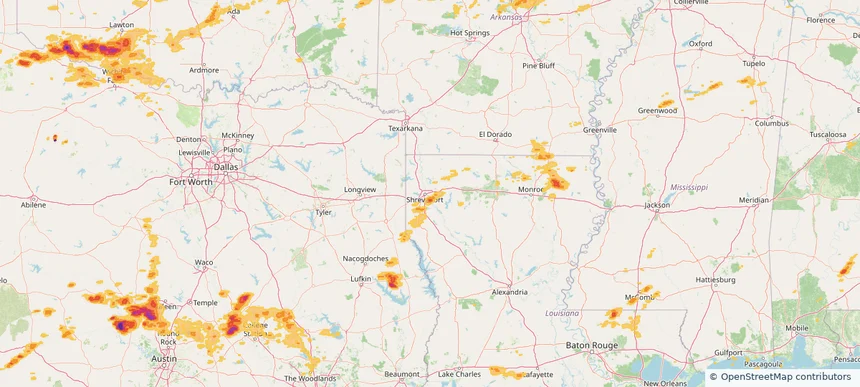 Bossier City, LA — May 01, 2025 — regional hail footprint preview