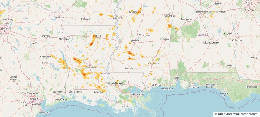 Brookhaven, MS — April 22, 2025 — regional hail footprint preview