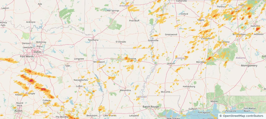 Monroe, LA — May 02, 2025 — regional hail footprint preview