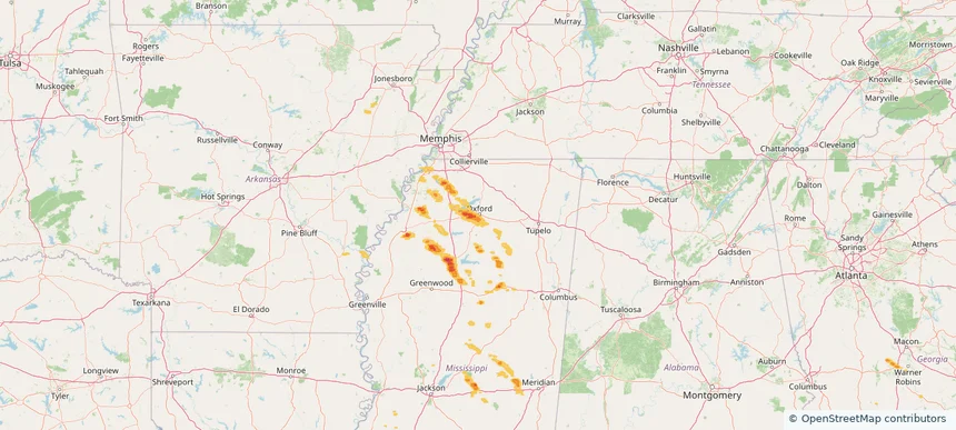 Oxford, MS — April 27, 2025 — regional hail footprint preview