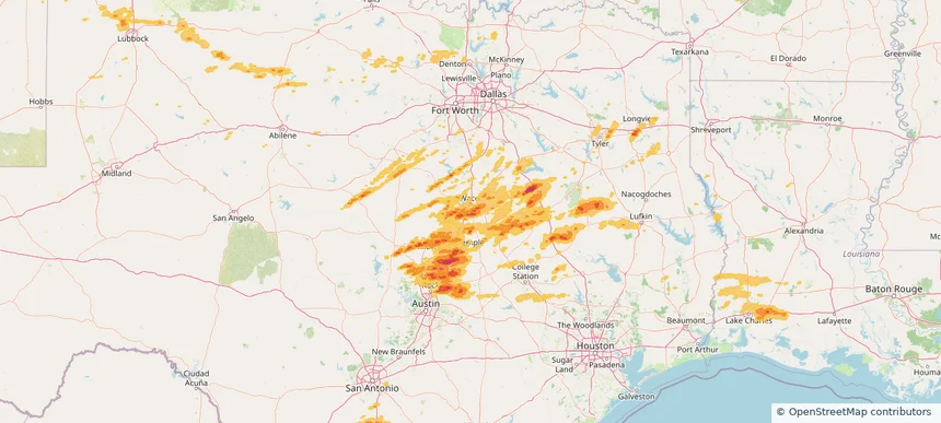 Robinson, TX — April 30, 2025 — regional hail footprint preview