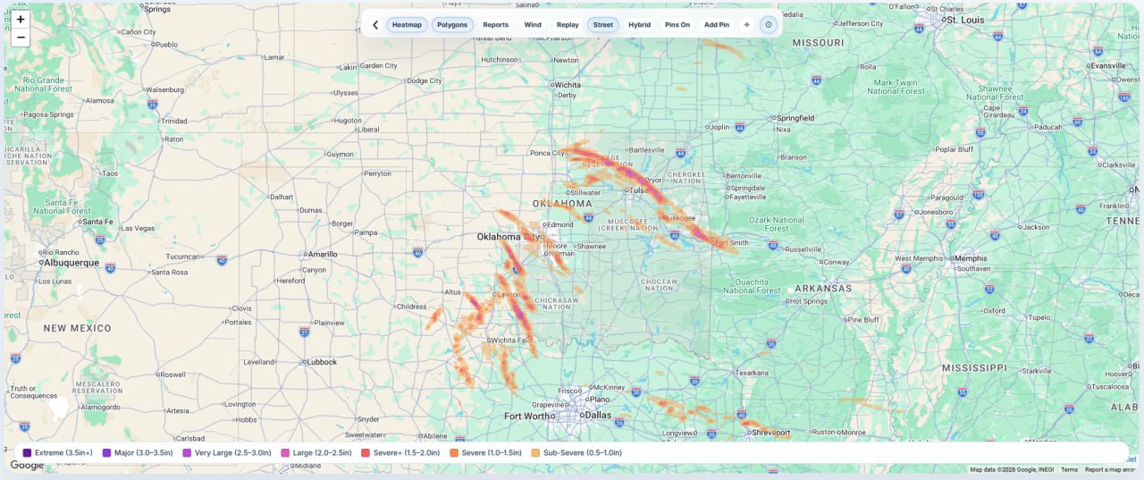 HailMapr map screen showing hail swaths, map controls, and hail size legend